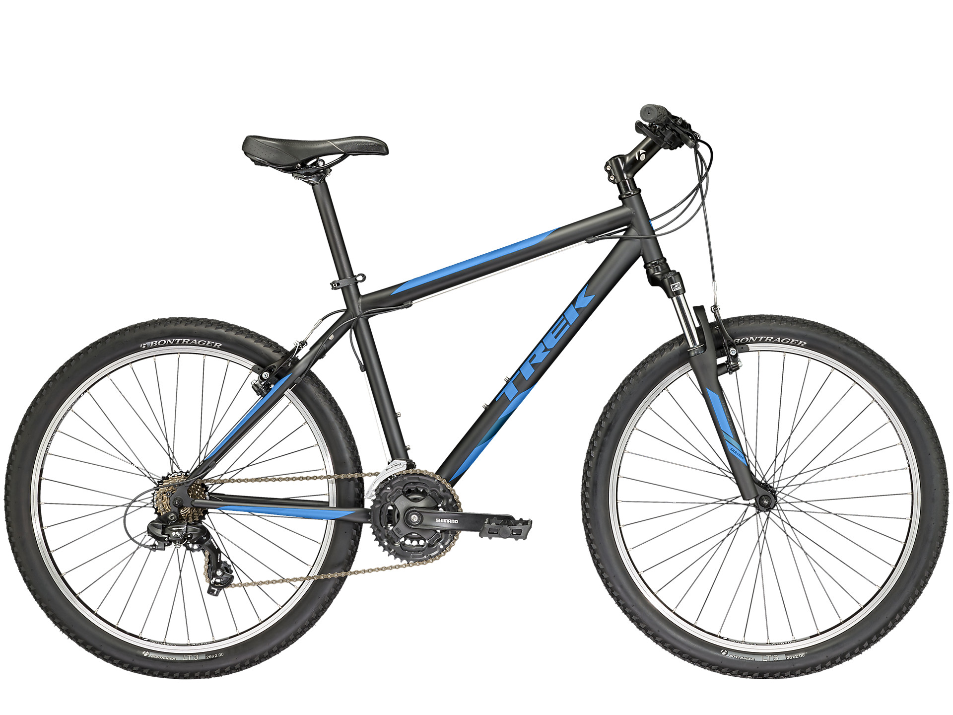 Black/blue Trek 820″ mountain bike with rim brakes