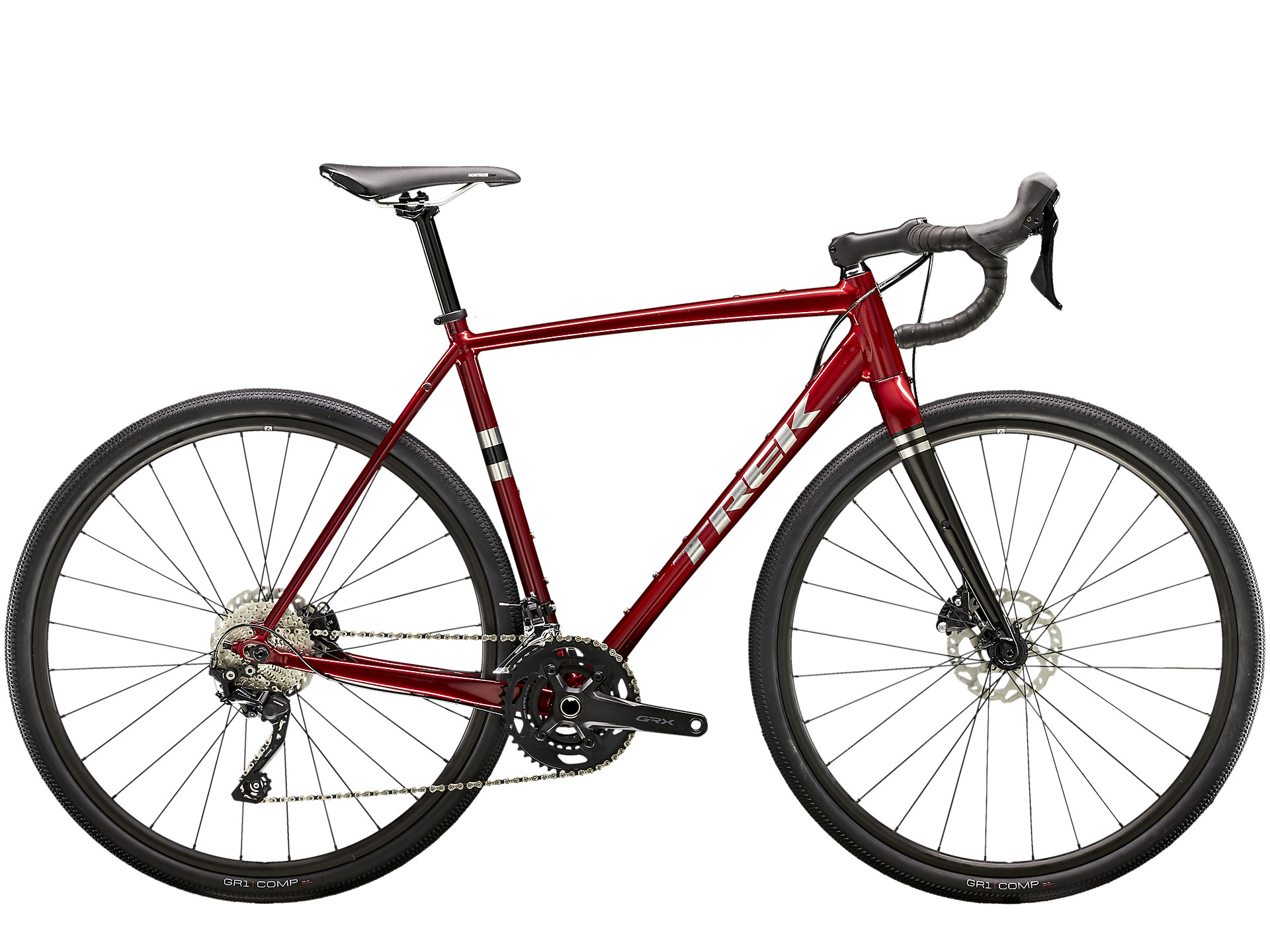 Red Trek Checkpoint ALR 4 gravel bike with disc brakes and Shimano GRX groupset