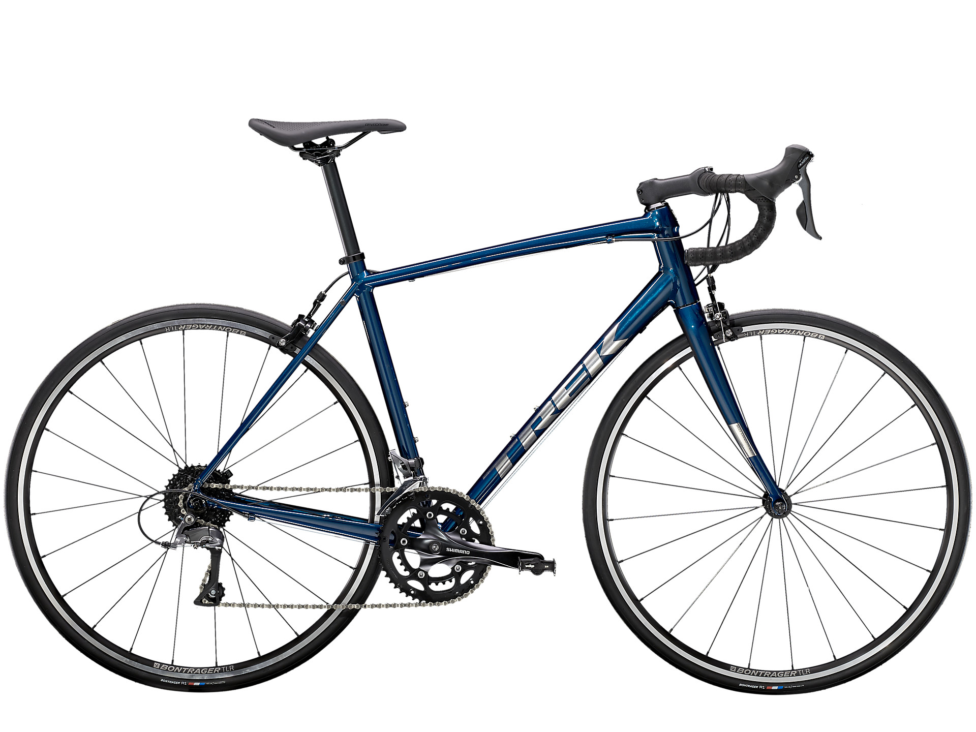 Dark blue Trek Domane AL 2 (Best Road Bike Under $1000) with rim brakes and Shimano Claris groupset