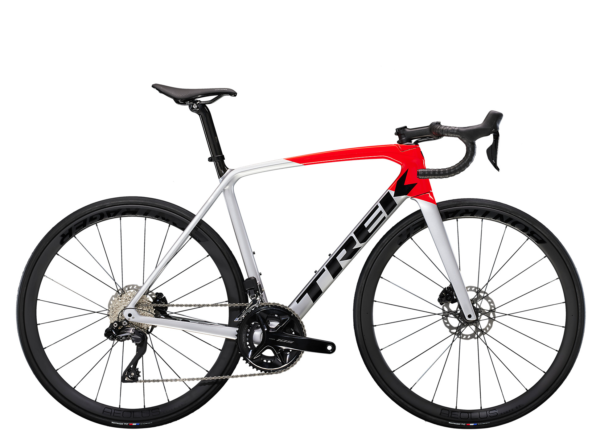 Silver/red Trek Émonda SL 6 Pro with Shimano 105 Di2 groupset and hydraulic disc brakes.