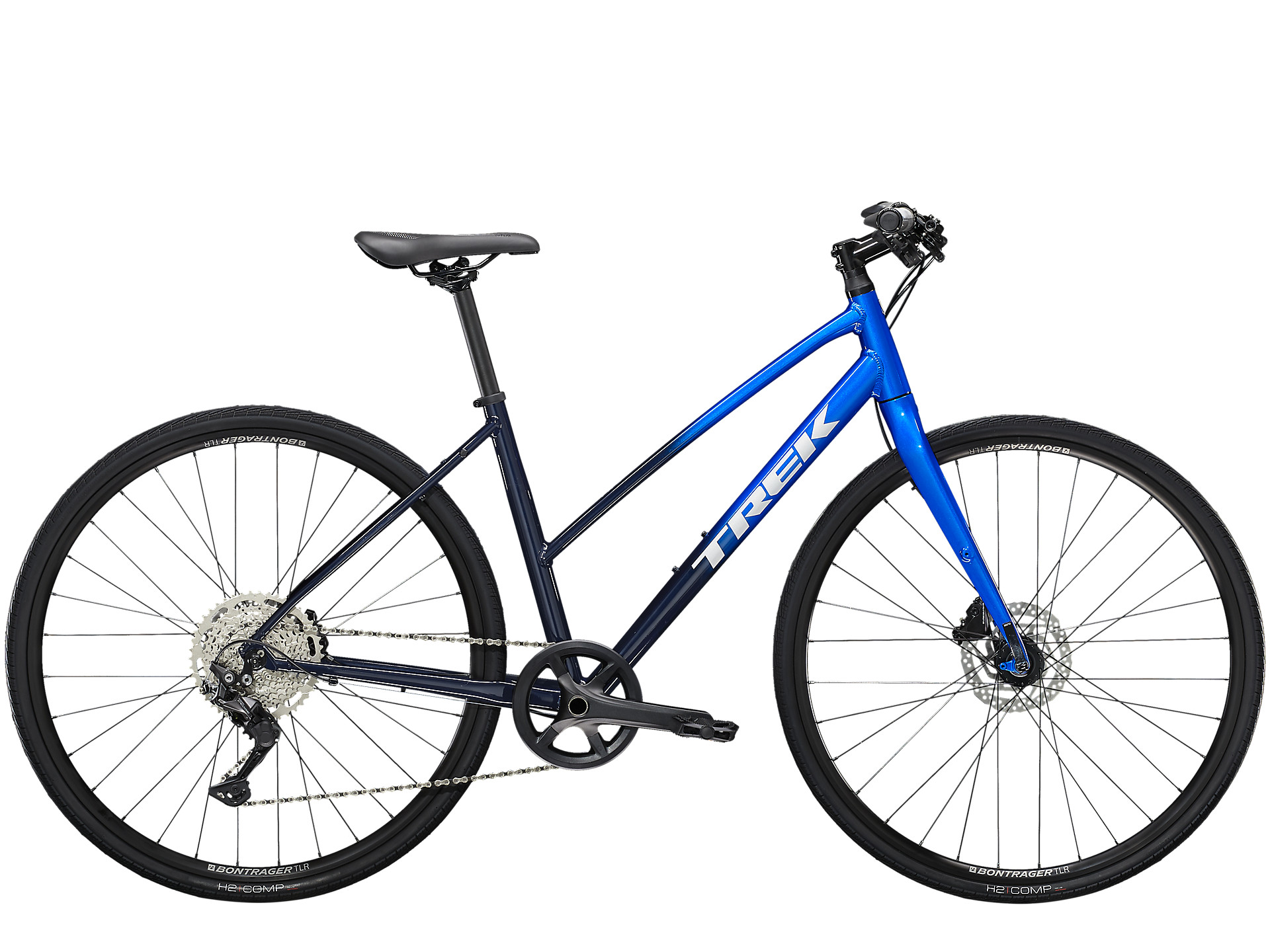 Black/blue Trek FX 3 Disc step-through hybrid bike for women.