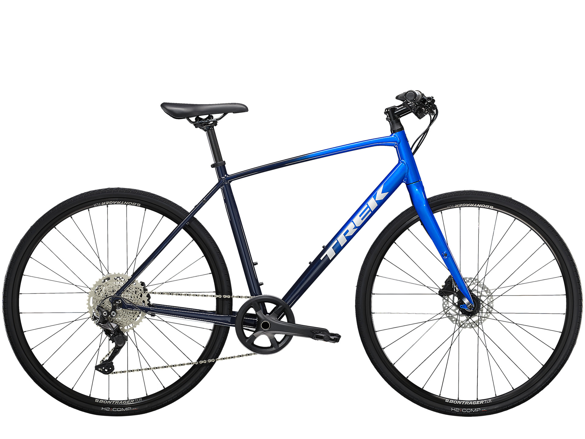 Black/blue Trek FX 3 Disc hybrid bike for men.