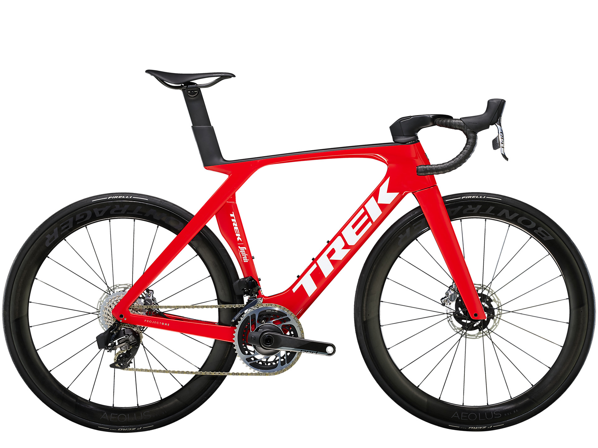 Red Trek Madone SLR 9 with SRAM RED eTap AXS wireless groupset and Bontrager carbon wheels.