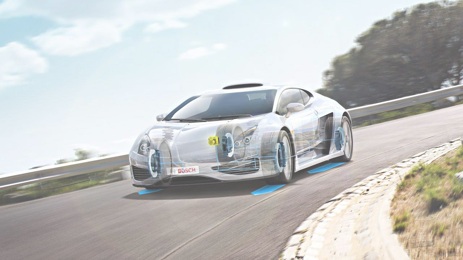 A photorealistic rendering of a sports car and its internal workings turning a corner.