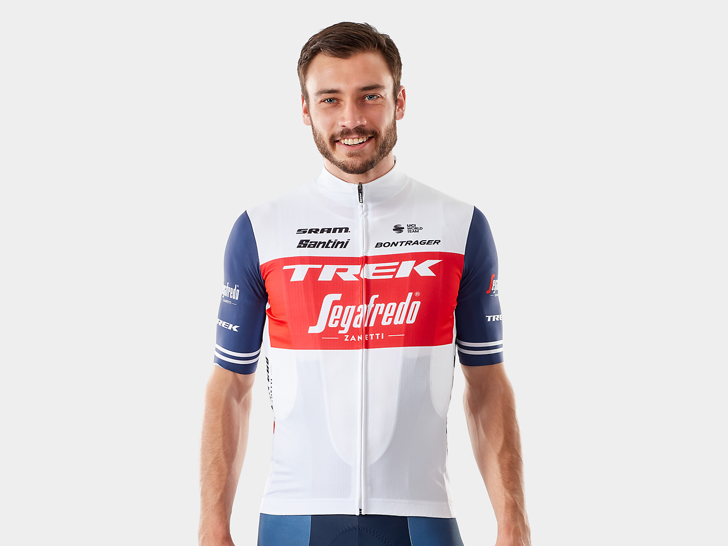 Camiseta de ciclismo masculina, réplica da versão de competição da Equipe Trek-Segafredo fabricada pela Santini