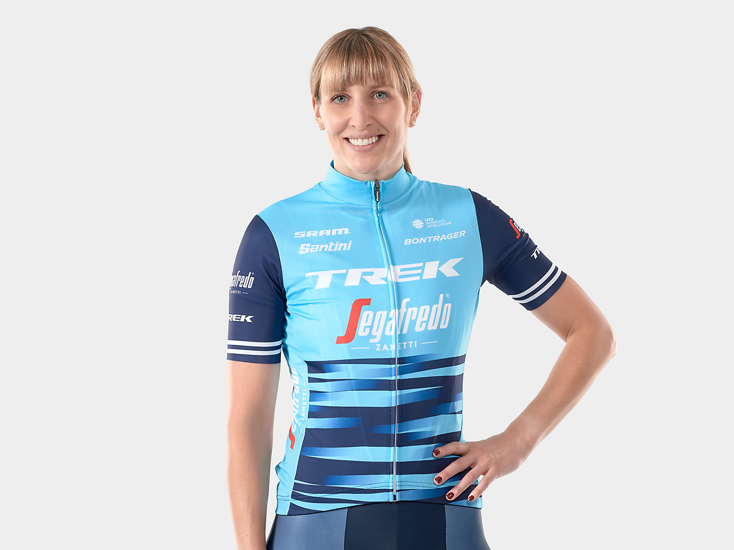 Camiseta de ciclismo feminina, réplica da versão de competição da Equipe Trek-Segafredo fabricada pela Santini